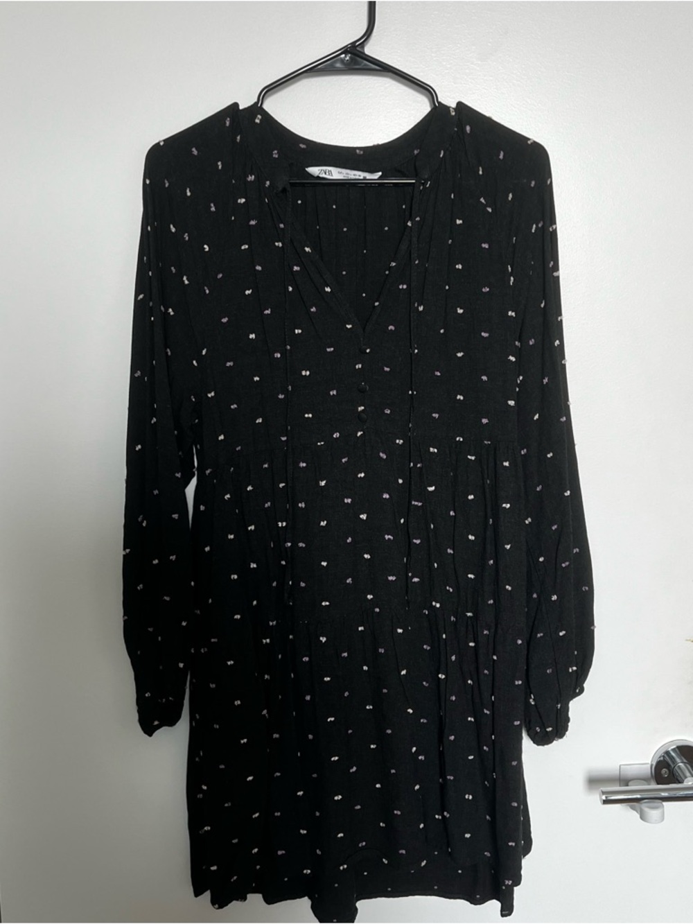 Charcoal Long-Sleeve V-Neck Mini Dress with Dot Detail